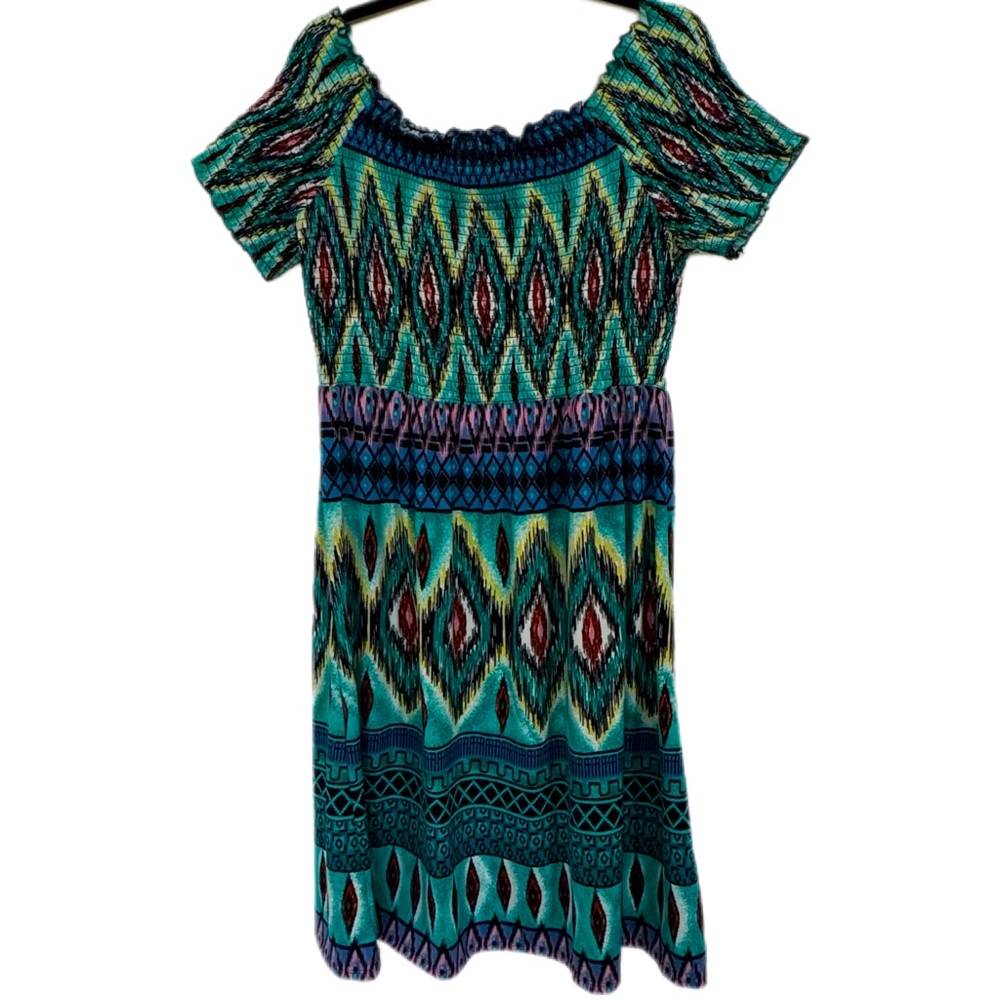 Lapogee Boho Fairy Midi Dress Green Blue Smocked Empire Waist Bohemian Womens 1X